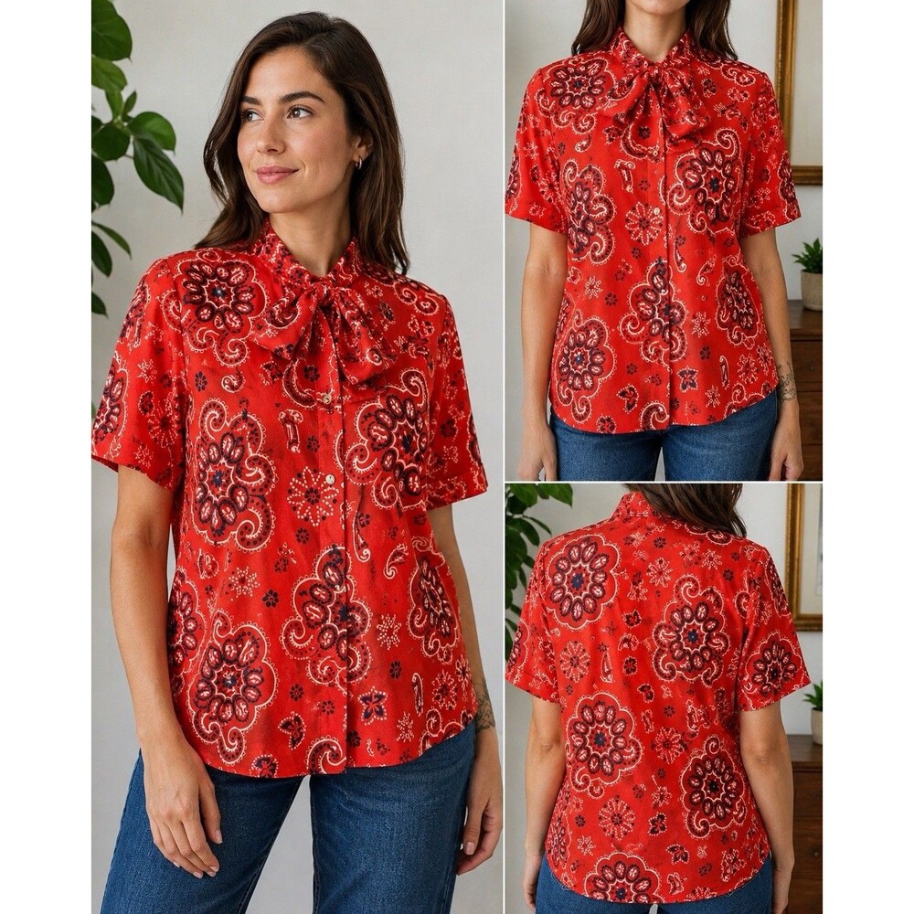 Vintage Laura Mae 70s 80s  Red Paisley Bowneck Blouse Short Sleeve Secretary
